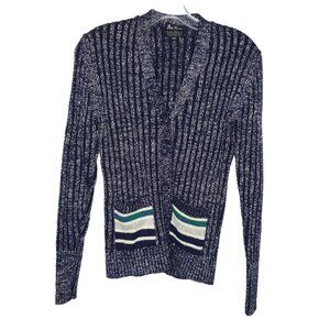 Vintage Wool Ribbed Cardigan Sweater S Navy Blue Silver Metallic Preppy Varsity